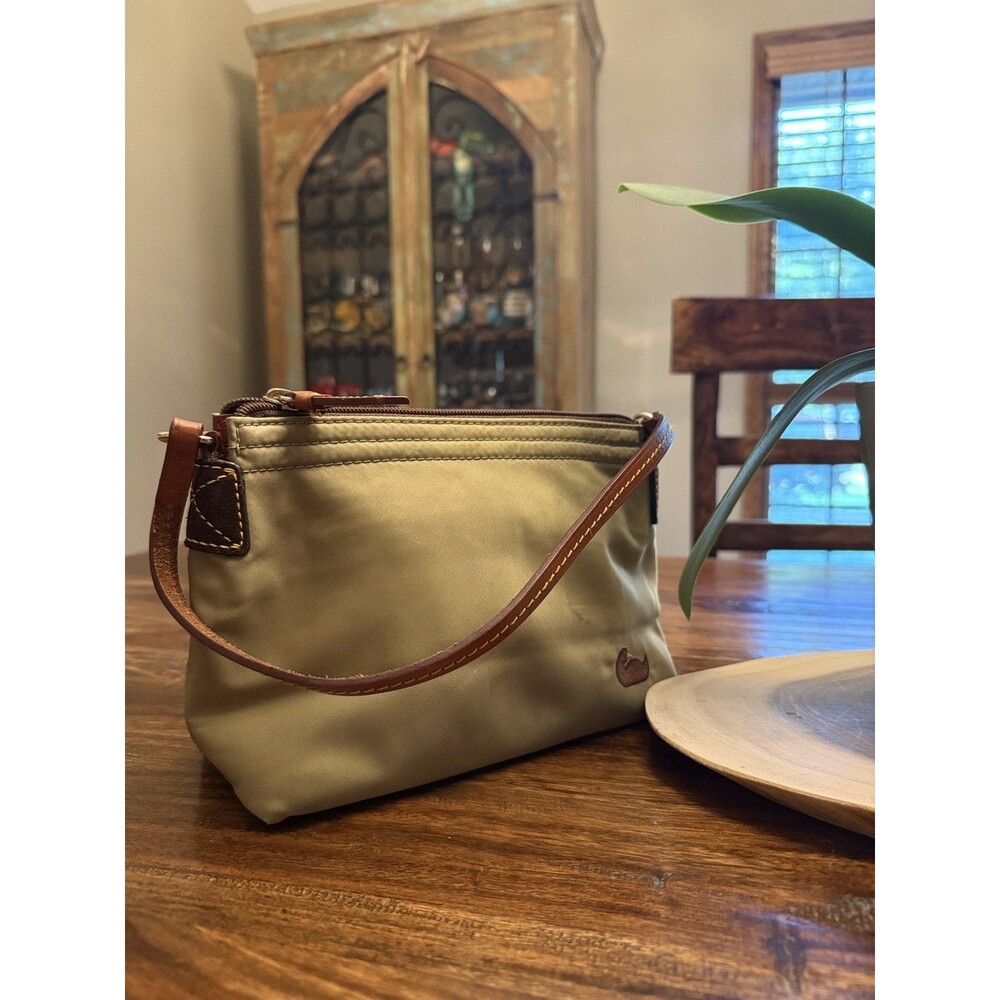 Dooney & Bourke Small Tan Nylon Handbag Purse Clutch Leather Strap 9”x6” Zip